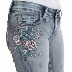 Grace in LA Frayed Floral Embroidered Skinny Jeans Distressed Light Wash sz 30